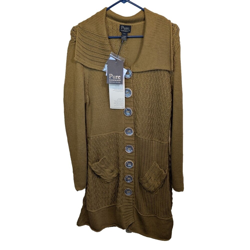 Pure Handknit Cardigan Sweater Patchwork Cotton Stretch Button Front Size M/L